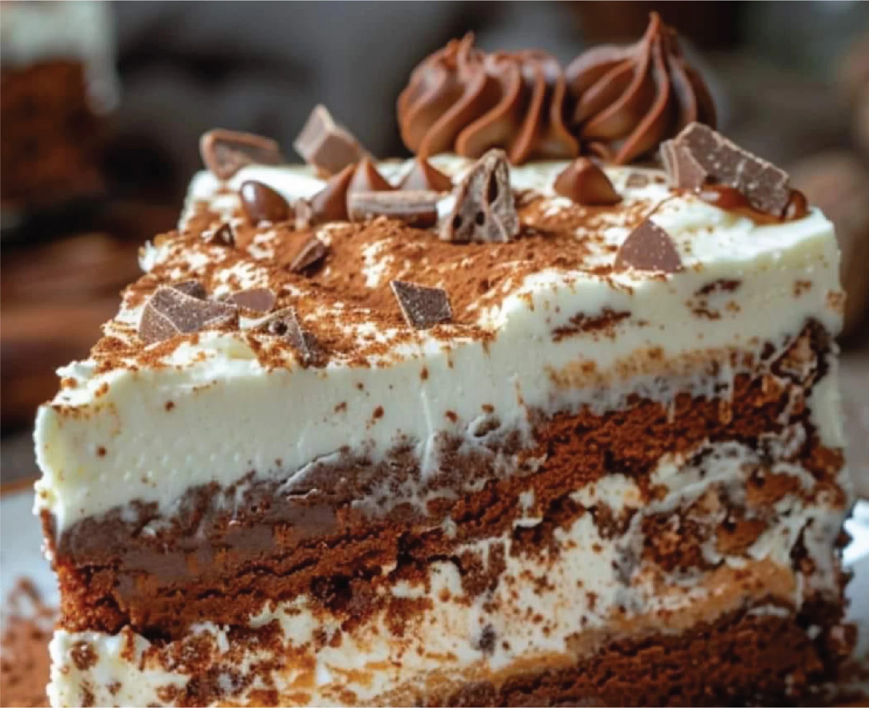 A slice of layered chocolate cake with white frosting and cocoa powder, perfect for an online cake order Singapore. 